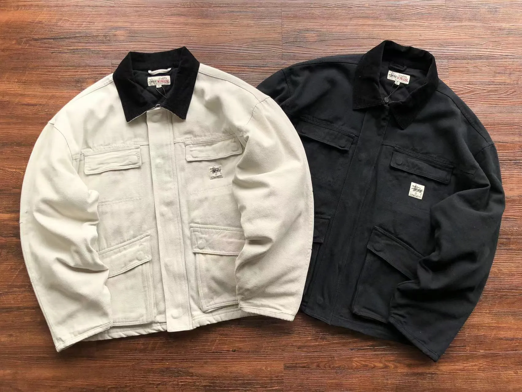 Stussy Men’s Black-White Washed Canvas Shop Jacket Stussy Men’s Black-White Washed Canvas Shop Jacket