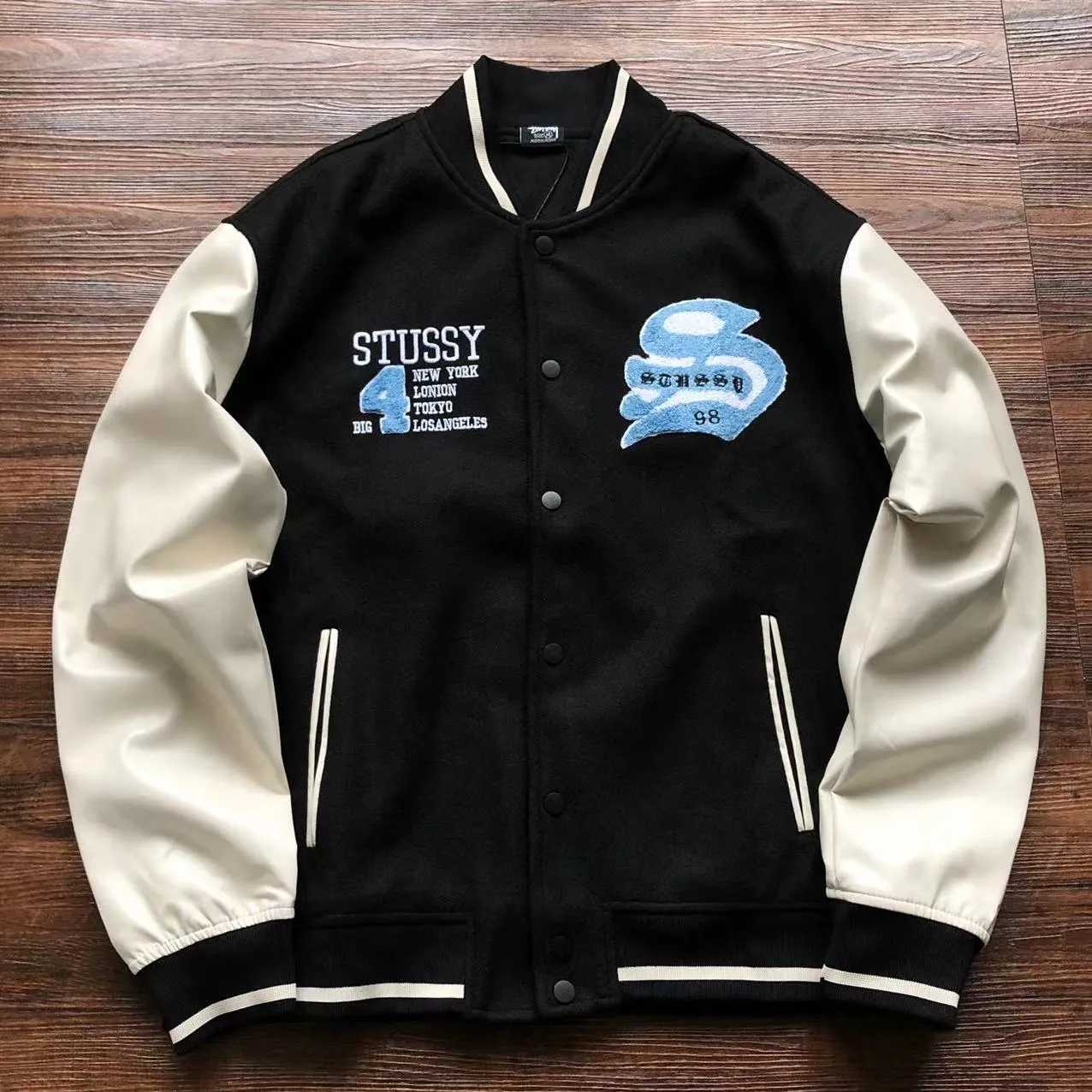 Vintage Stussy Big 4 Leather Wool Black Jacket Vintage Stussy Big 4 Leather Wool Black Jacket